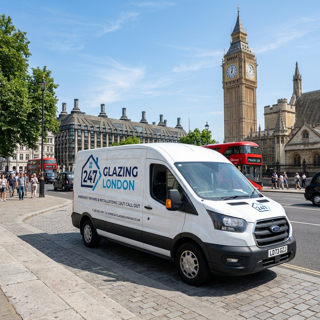 247 Glazing London branded van near Big Ben, London